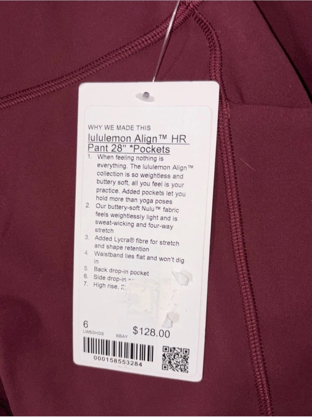 NWT*LULULEMON*SIZE 6*ALIGN HIGH RISE 25” PANT*POCKETS*AUTHENTIC*BURGUNDY BAY - Picture 5 of 16